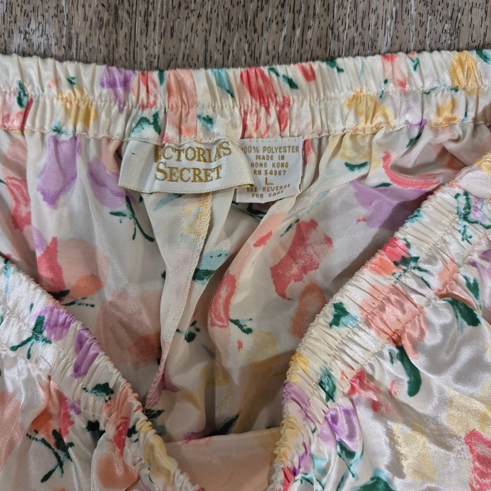 Vtg Victorias Secret Floral Pajama Set Top Pants Long Sleeve Lace Trim L - Picture 13 of 14